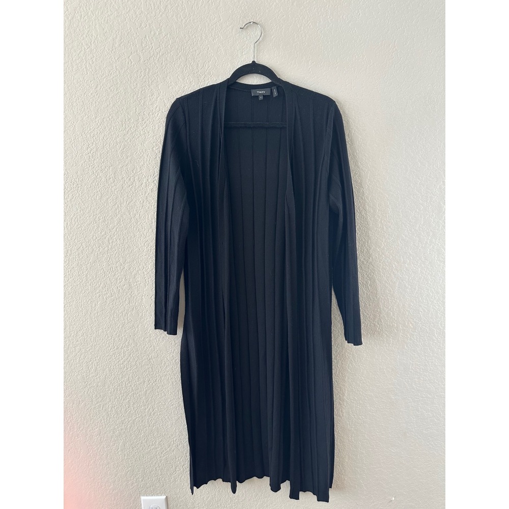 Theory Women's Black Ribbed Knit Duster Open Cardigan Sweater